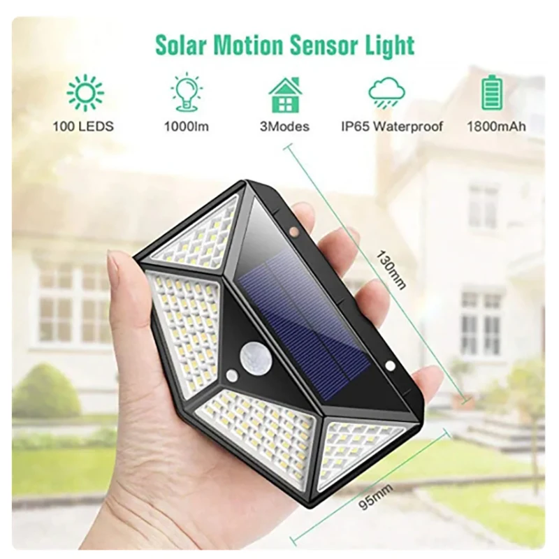 100LED Wireless Outdoor Solar Light, Motion Sensor Light, Waterproof Safety Wall, Backyard Lighting, Courtyard Wall Light