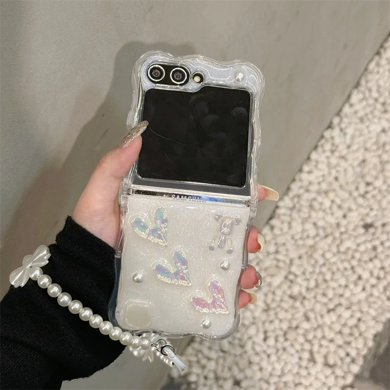 For Samsung Galaxy Z Flip 3 4 5 Case 3D Love Heart Bear Bracelet Wave Clear Shockproof Cover For Samsung Z Flip5 ZFlip5