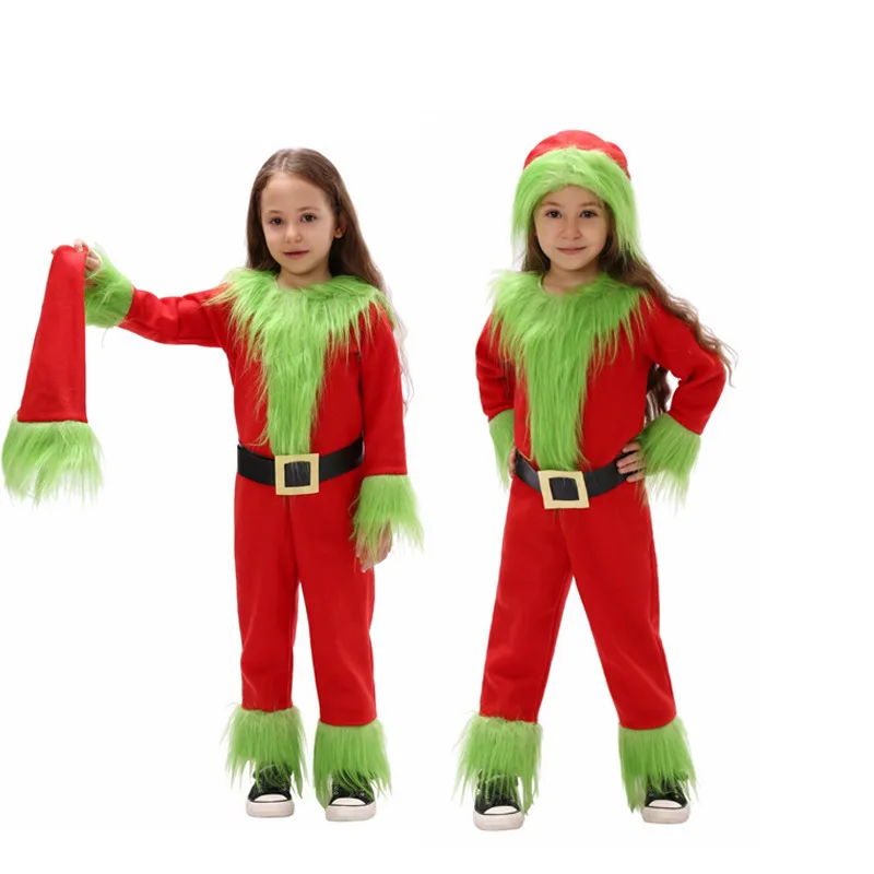 

Kids Grinchh Cosplay Costume Jumpsuit Christmas Party Outfits Cos Children School Stage Dress Up Novelty Green Monster Hat Suit