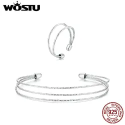 WOSTU 925 Sterling Silver Simple Multi-Layer Opening Ring Bangle Bracelet For Women Adjustable Rings Bracelet Jewelry party Set