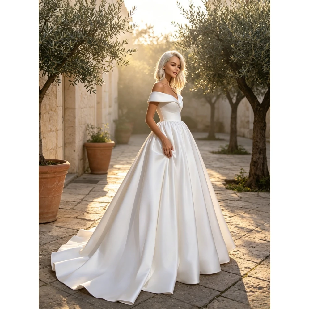 Customized Off Shoulder A-line Wedding Dresses V-neck Satin Cinched Waist and Ruffled Edges Elegant Bridal Gown 2026 New Style