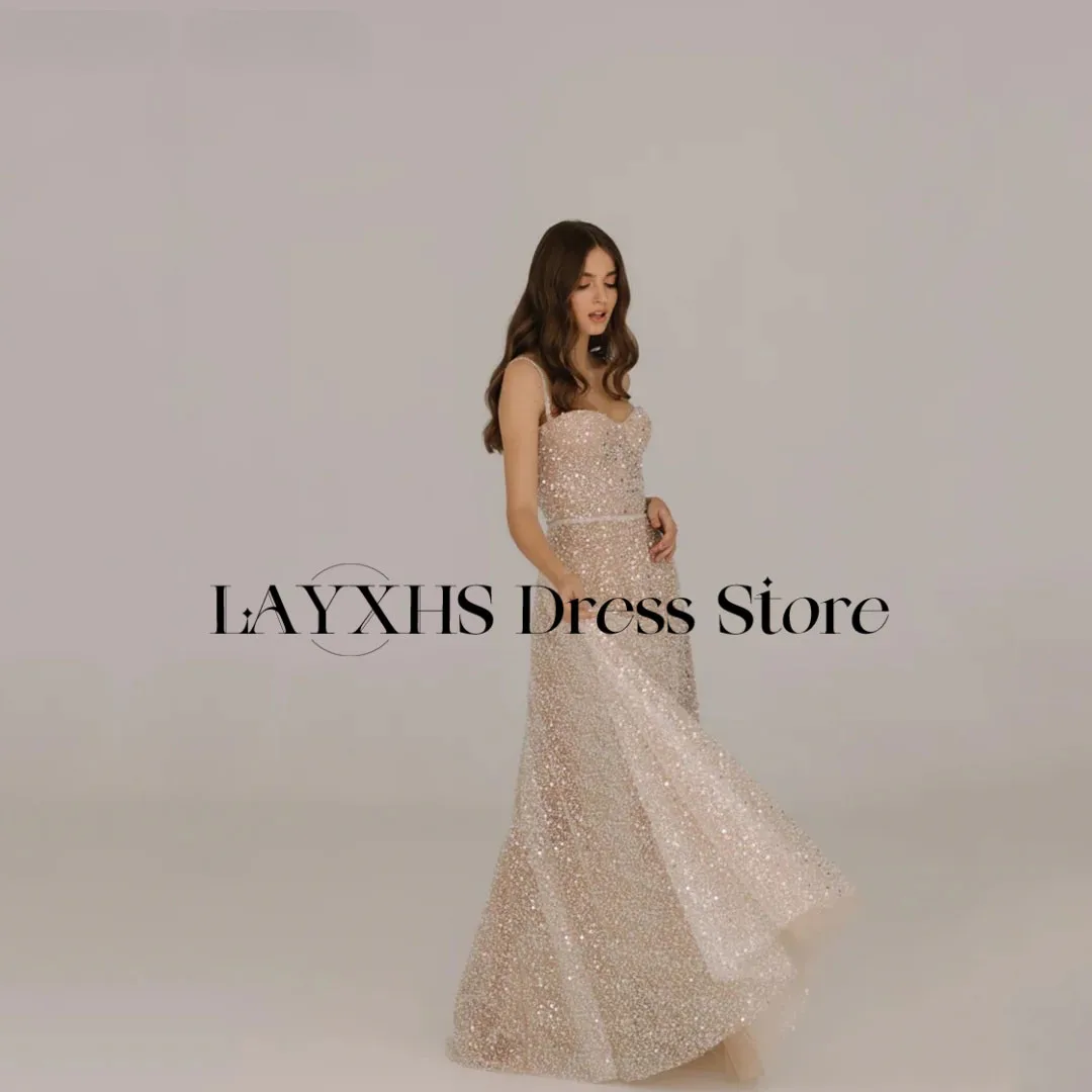 LAYXHS Moda Spalline Abiti da sera Paillettes Pizzo A-Line Piega Abiti da ballo Abiti personalizzati de soirée