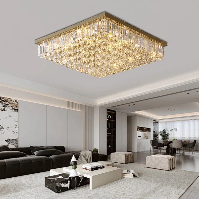Modernl Gold Square/rotundity Stainless Steel Base Ceiling Light Crystal Lampshade Living Room