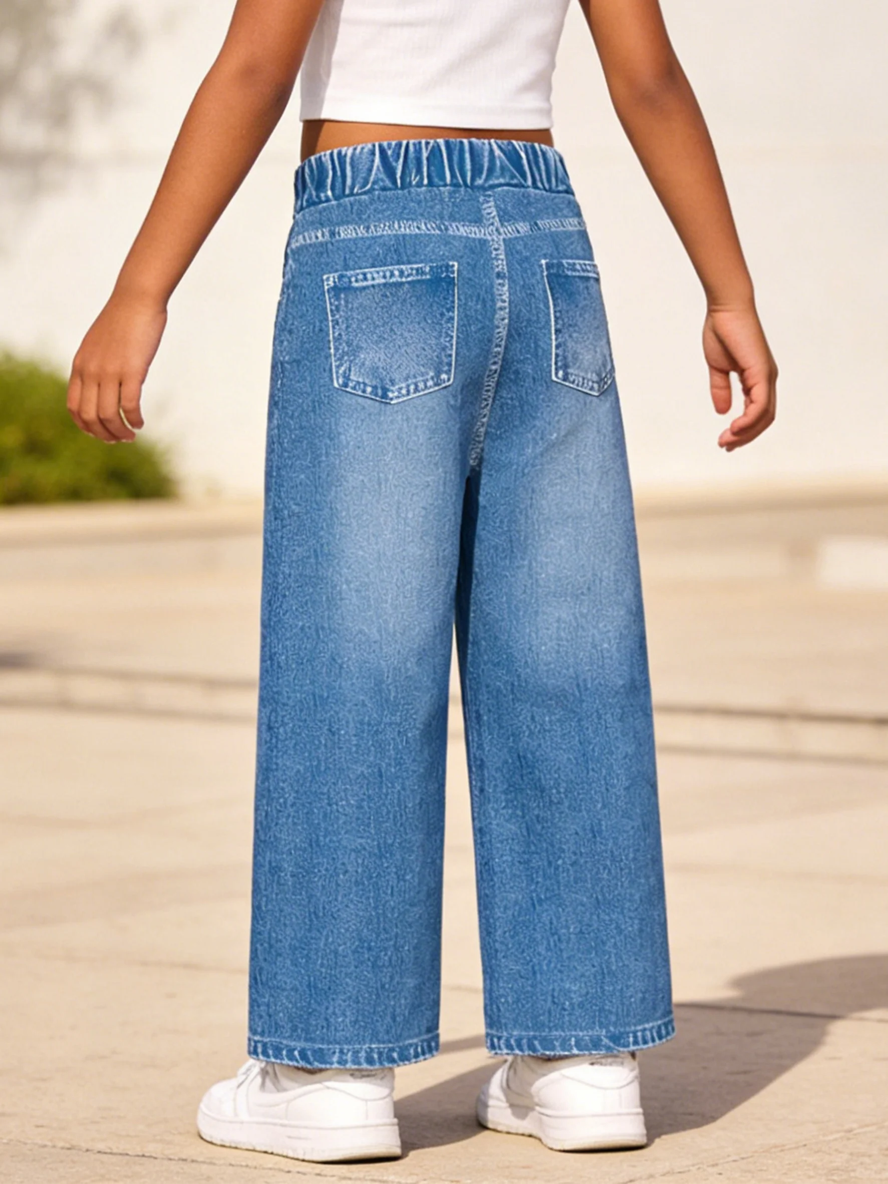 2026 children's light blue imitation denim wide-leg pants, old holes + street graffiti