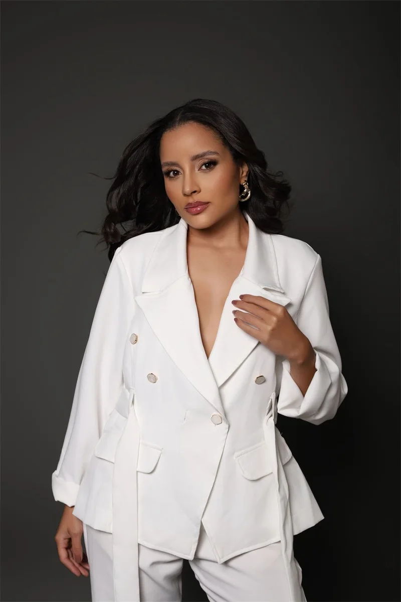 白人女性スーツセット 2 個ベルト付きブレザー + パンツズボンフォーマルオフィスジャケットカスタマイズされた結婚式のタキシードダブルブレストプロムコート