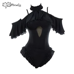 MEOWCOS Women Gothic Black Victorian Vintage Style Halter One Piece Swimsuit with Halter Ruffle Shawl Swimwear Bathing Suit