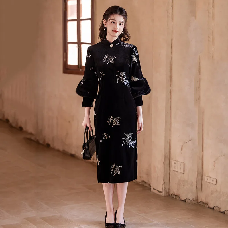 

Embroidered Butterfly Black Cheongsam Women's Autumn and Winter Young Temperament New Chinese Dress Qipao