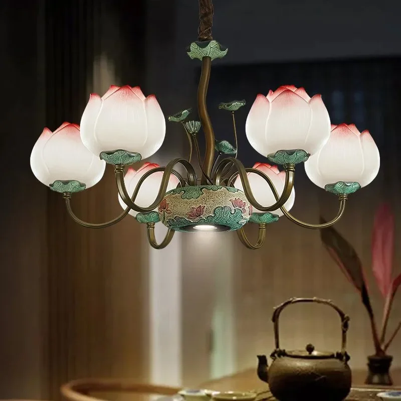 APRIL Contemporary Lotus Pendent Lamp Retro Creativity LED Living Room Restaurant Bedroom Study Villa HotelTearoom Chandelier