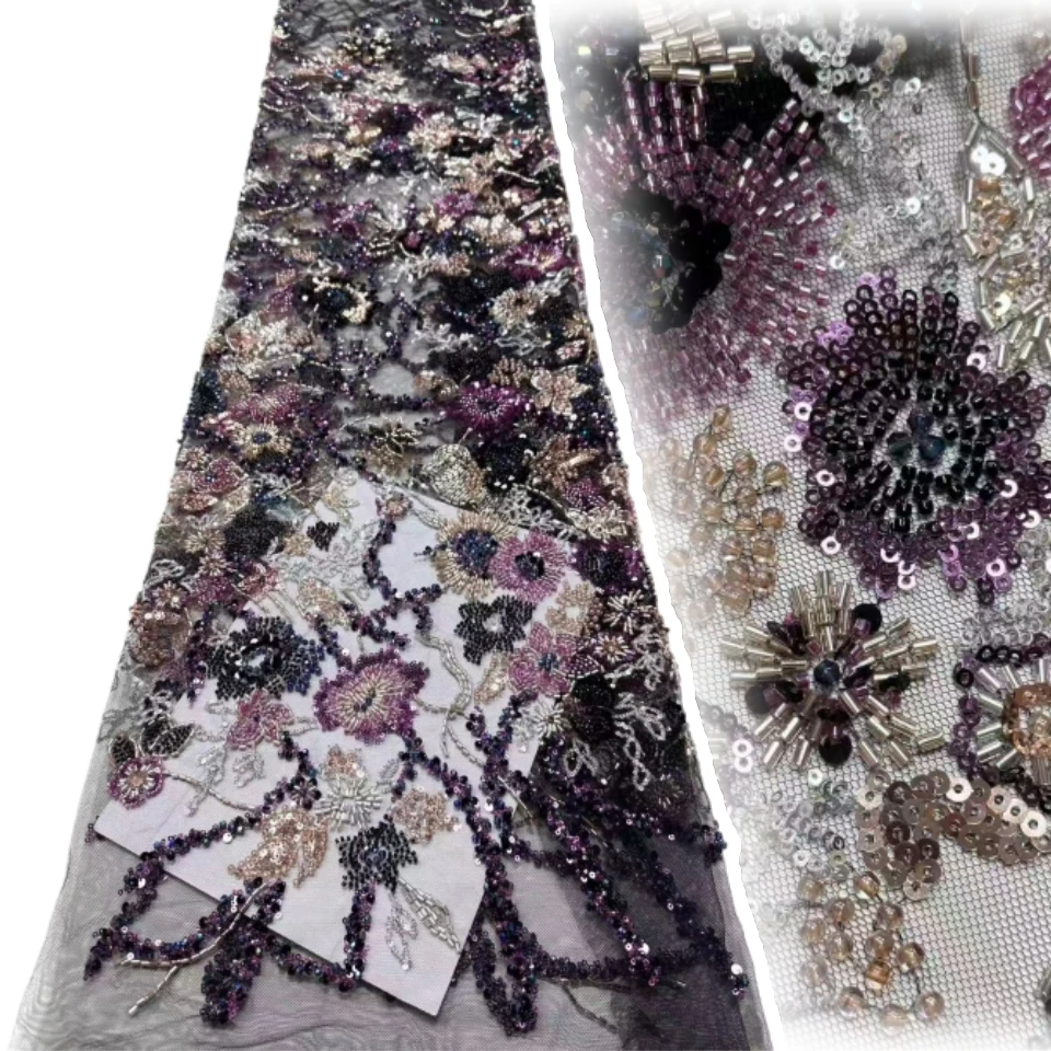 قماش دانتيل لؤلؤ ترتر أفريقي 2026 جودة عالية قماش دانتيل تول مطرز ثقيل نيجيريا لفستان حفلات الزفاف SZ1818 #3