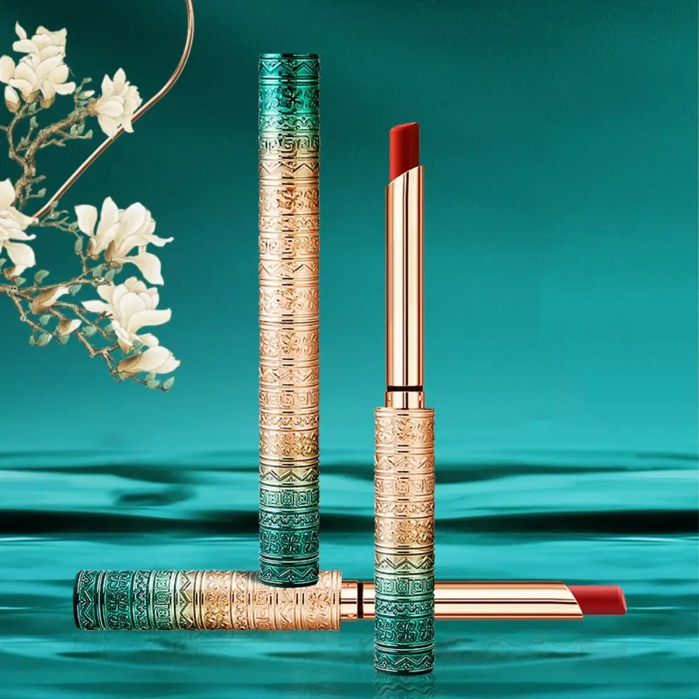 Chinese Style Non-Stick Cup Waterproof Colorproof Matte Lipstick Velvet Mist Lipstick Thin Tube Lipstick Carved Shell