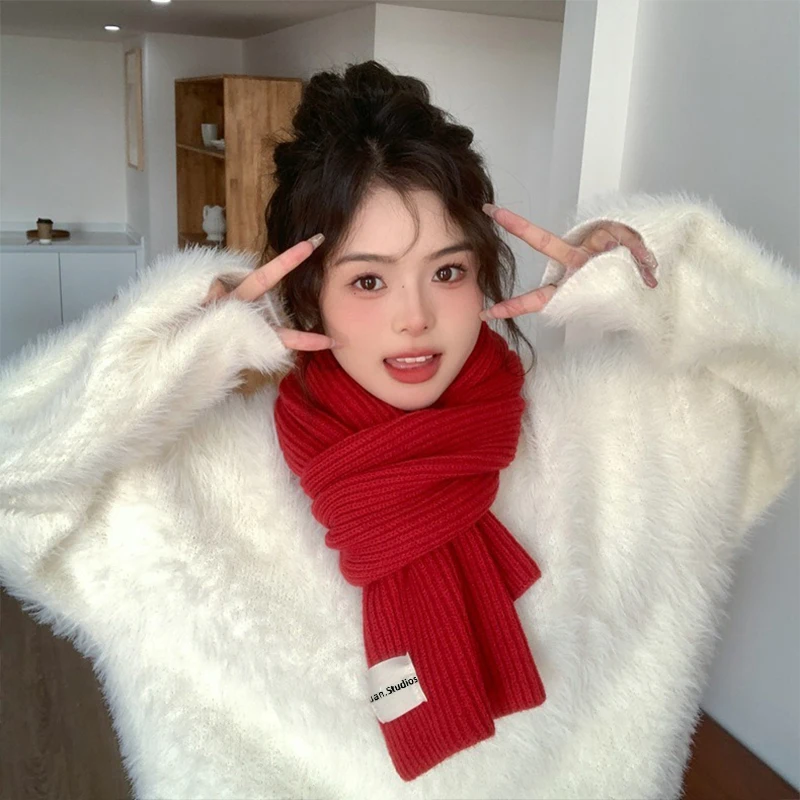 2025 outono e inverno novo lenço de lã de malha macia feminino versátil quente cor sólida grosso casal pescoço cachecol