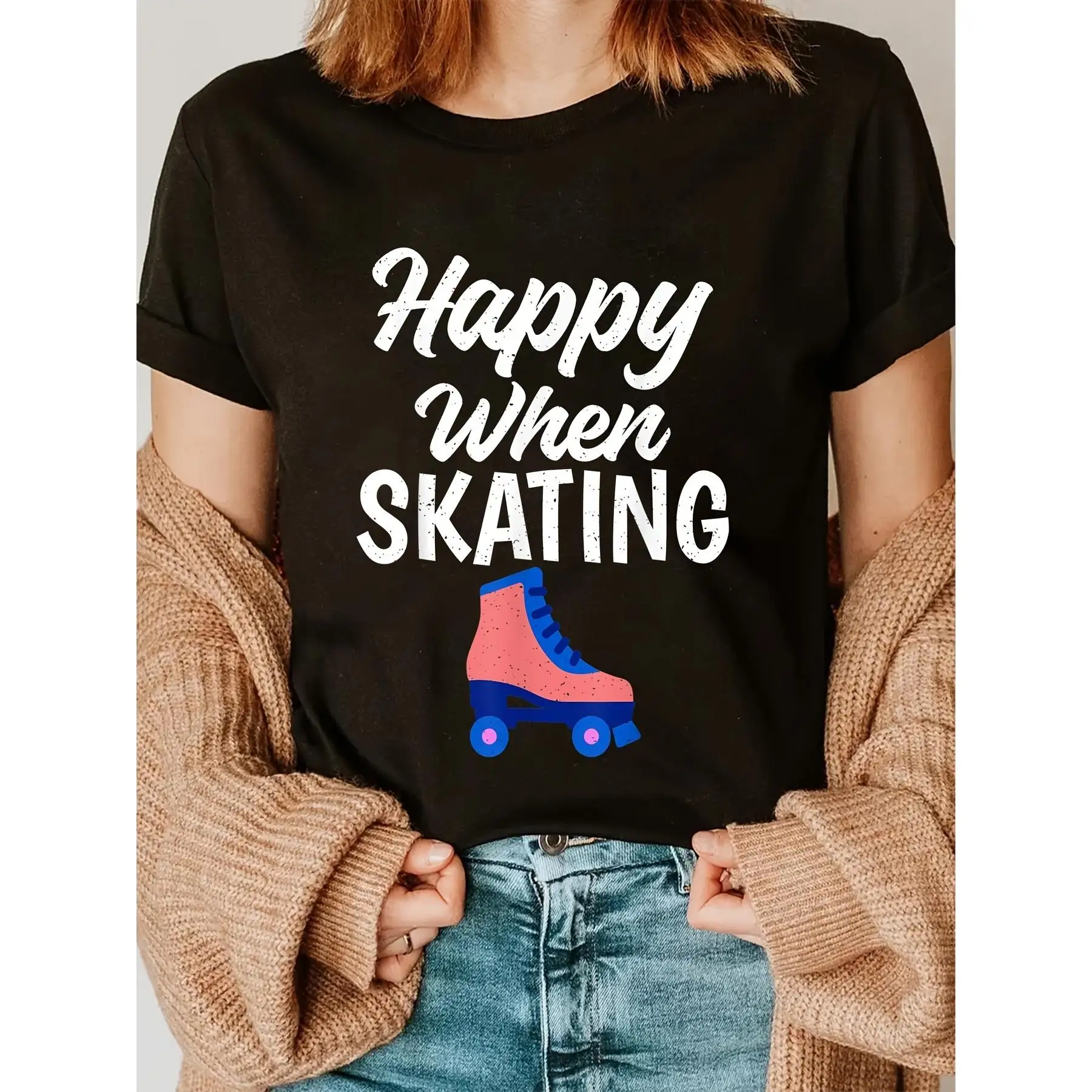 

Women's Soft Short Sleeve T-Shirt - "Happy when Skating" Graphic Design, Comfortable & Stylish Pullover for Casual Wear