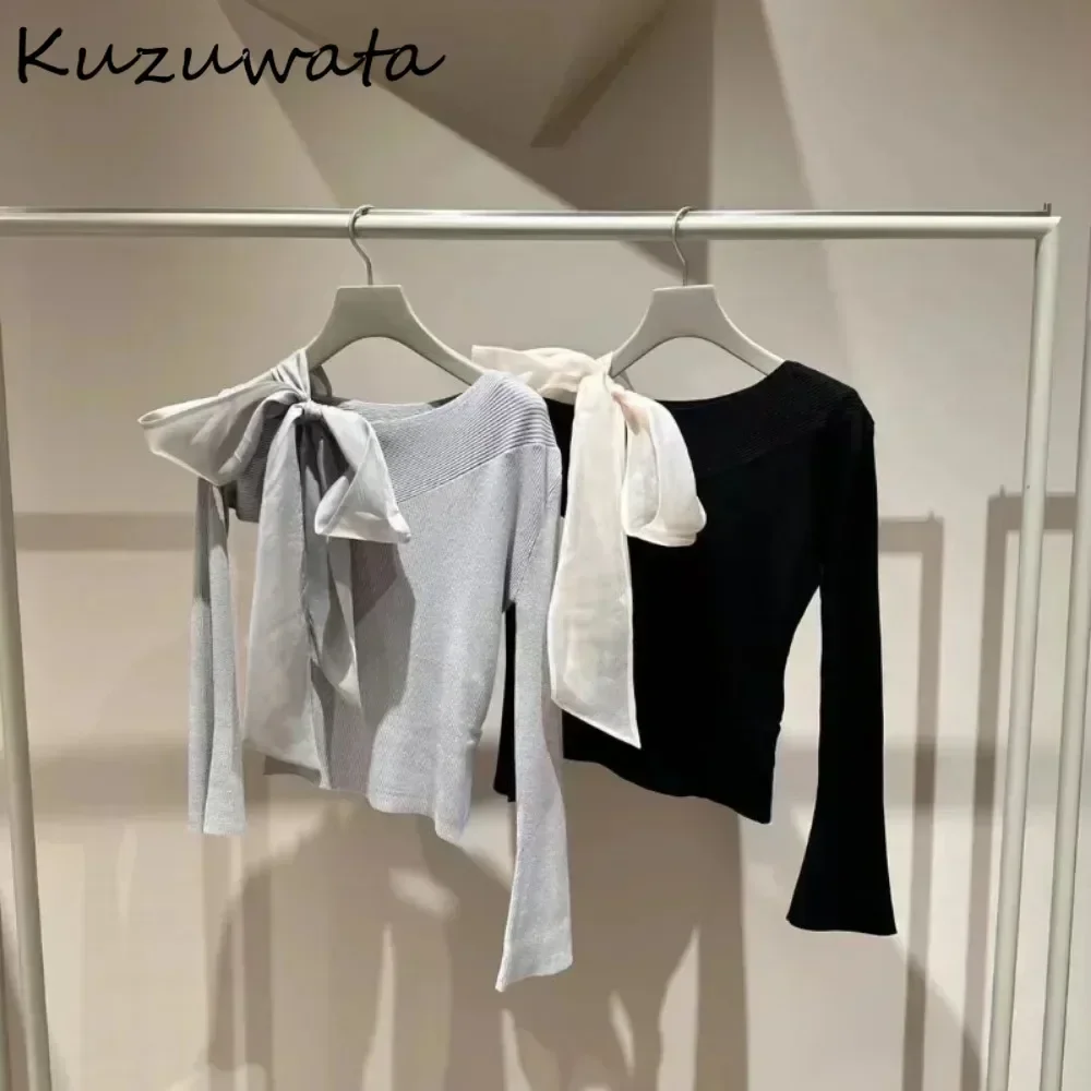 Kuzuwata Casual Skew Collar Flare Sleeve Off Shoulder Tops Lace Up Bow Slim Fit Sweet Pull Femme Japan New Women Knit Pullovers