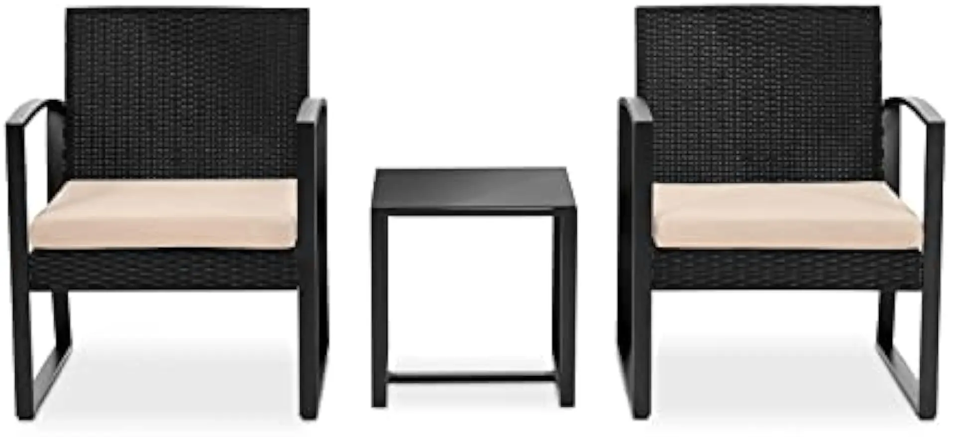 Muebles de exterior para Patio, 3 piezas Por juego-incluye 2 sillas individuales con cojín suave y 1 mesa de centro con tapa de cristal, clima negro