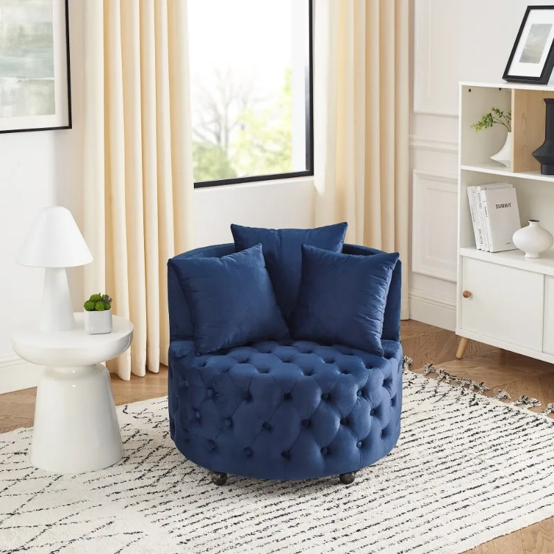 Velvet Upholstered Swivel Chair Living Room Button Tufted Design Movable Wheels Including 3 Pillows Blue Divano Letto Furnitures