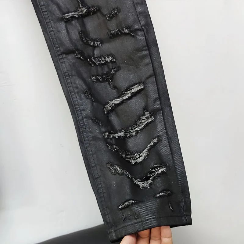 하이 스트리트 팬츠 남성용 블랙 글루 왁스 팬츠 브러시 왁스 코팅 찢어진 구멍 워시 워터 슬림 스트리트웨어 핏
