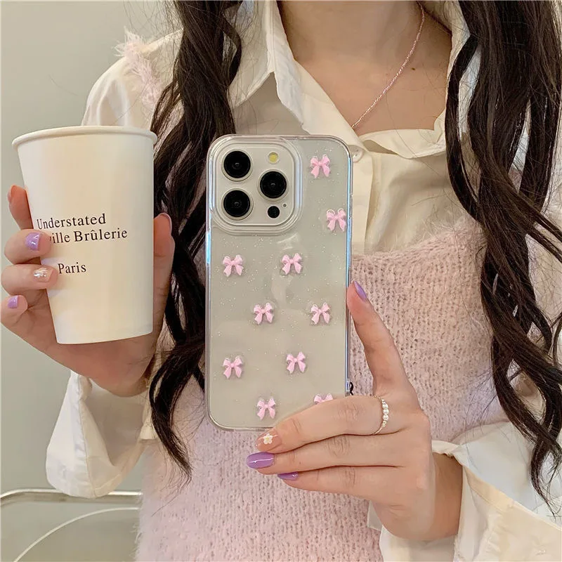 Cute Pink Bowknot Phone Case For iPhone 16 15 14 13 Pro Max Pro Korea Girl Epoxy Shell Clear Soft Cover