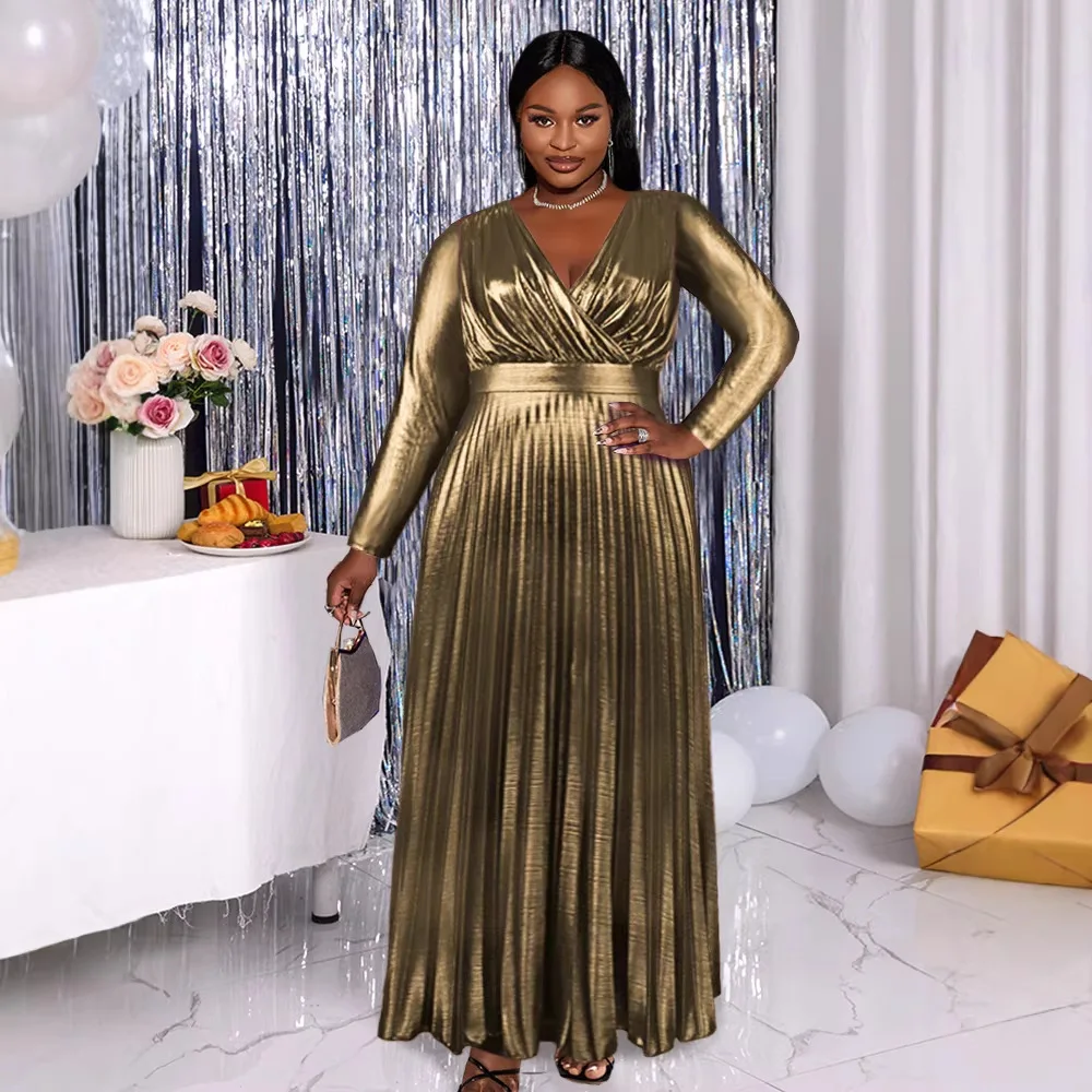 

Gold Color Maxi Dr with Gathers Waist a Long Sve V-Ne Evening Ball Gown Sle A-Line Skirt for Women