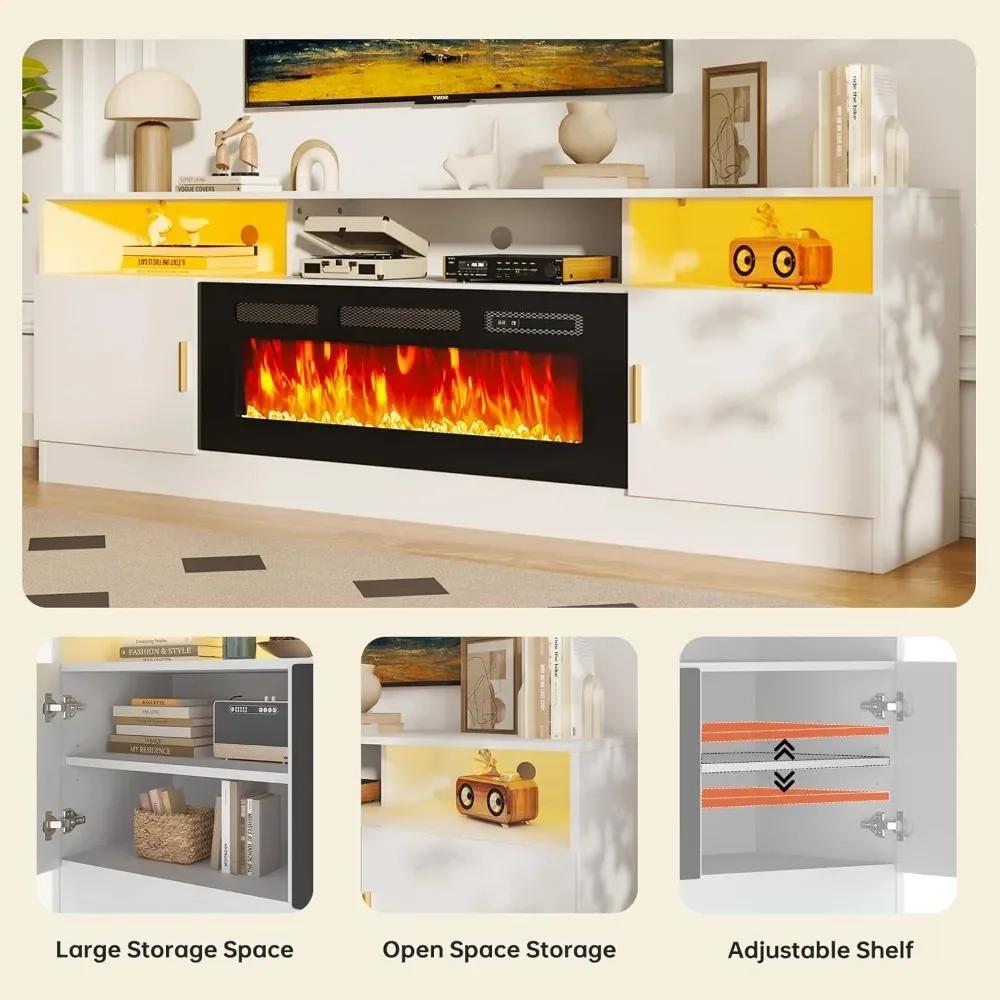 Suporte de TV com lareira elétrica de 70 "com lareira elétrica de 36 polegadas com capacidade de TV de até 80 polegadas Luzes LED e armazenamento de entretenimento C