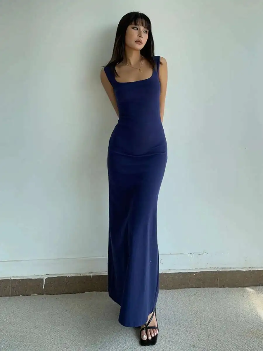 

American Style European Elastic Waist Cinching Big Swing Skirt Spicy Girl Summer Tight Generous Collar Solid Sling Dress AIKS