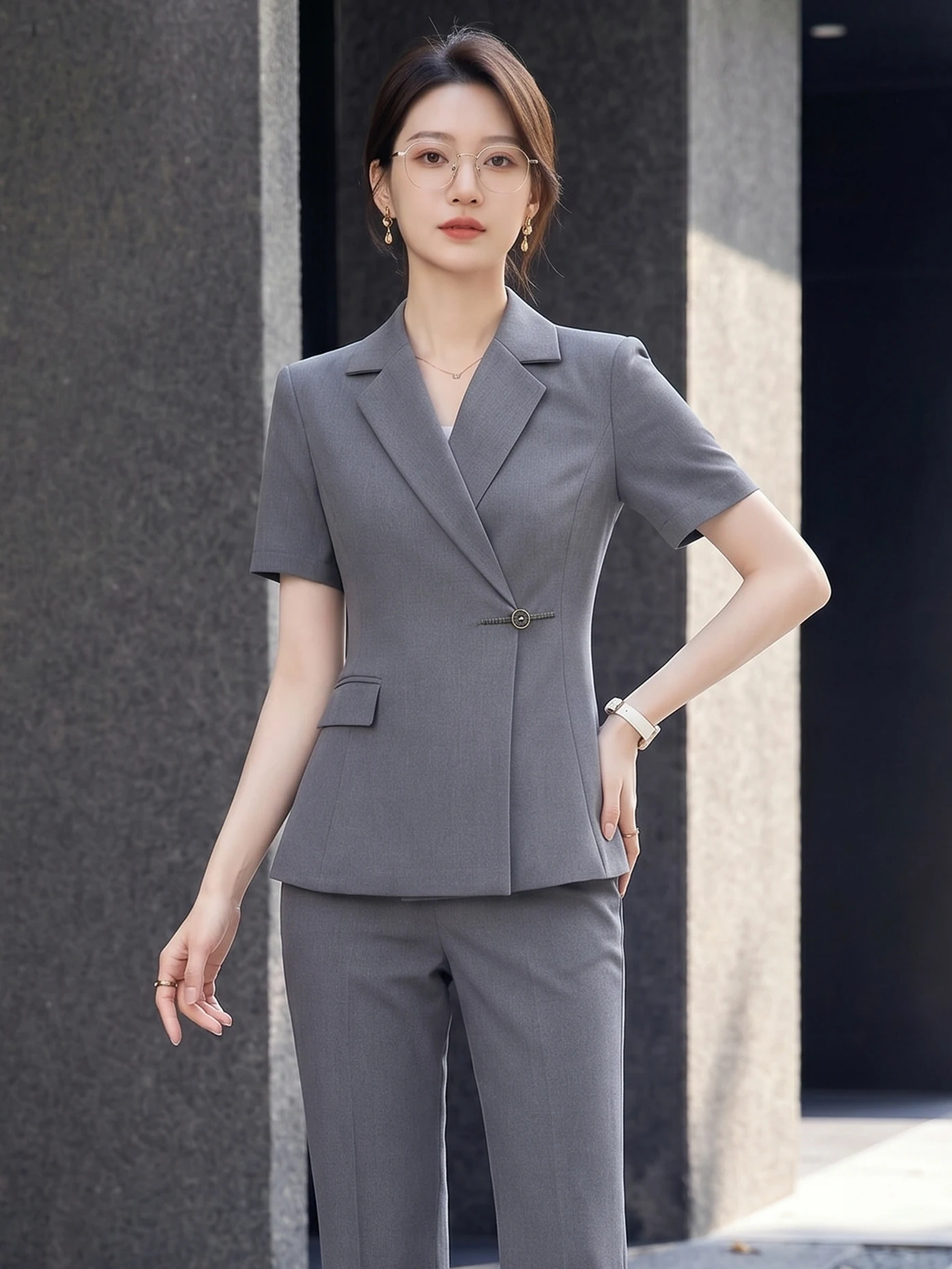 Gray Short Sleeve Suit Jacket Women Summer Thin Formal Interview Outfit Professional Style New Model Polyester Fiber Anti-Wri...
