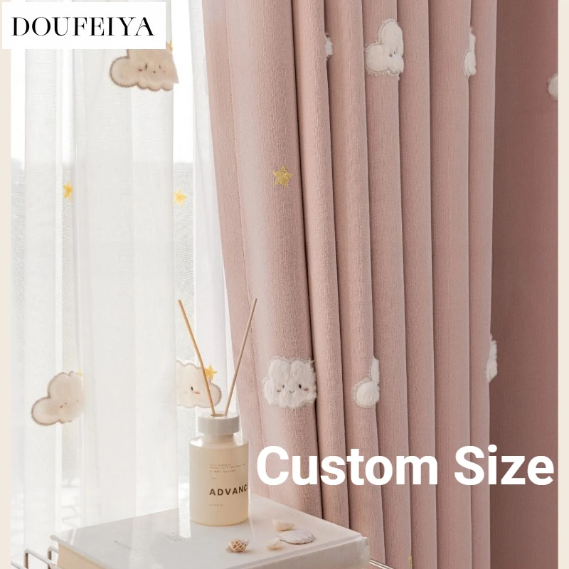Stars Clouds Embroidered Curtains for Living Dining Room Bedroom Screens Pink Blackout Chenille Custom Size Fashion Elegant