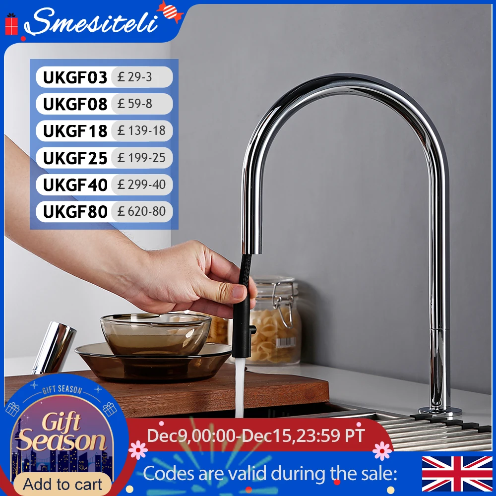 Bathroom Kitchen Basin Faucet Deck Mounted Hot & Cold Water Smesiteli Chrome and Black Single Handle Dual Hole Pull Out