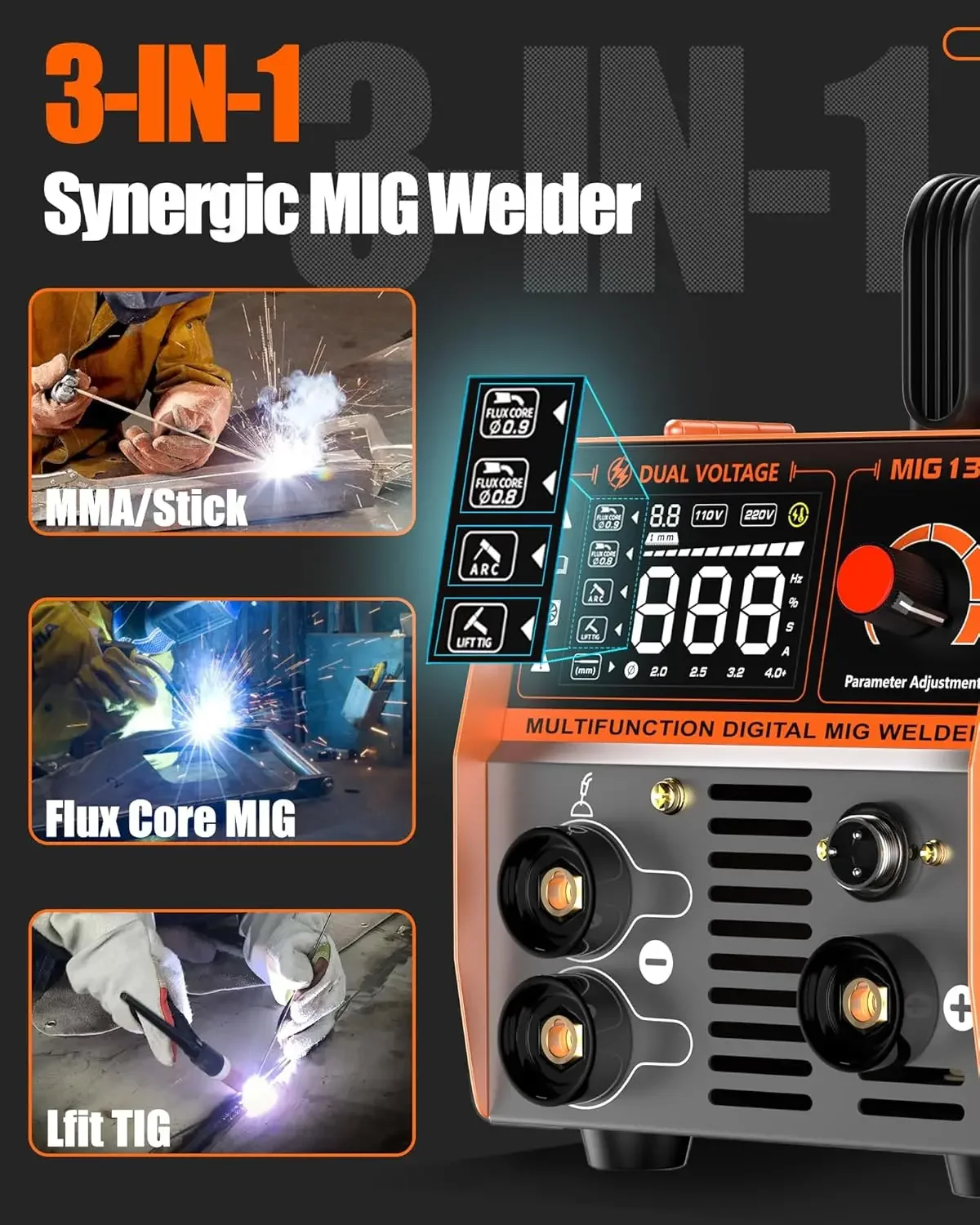 Imagem -02 - Gasless Welder Synergy Máquina de Solda Flux Core Soldador Mig Arc Lift Igbt dc Inverter 110v em 135a