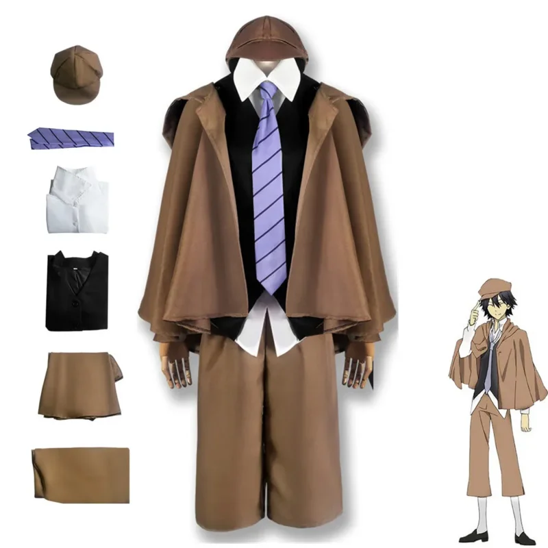 Disfraz de Cosplay de dibujos animados de Bungo Stray Dogs Edogawa Rampo, sombrero exquisito, capa, chaleco, camisa, pantalones, corbata, traje de fiesta Rave de Anime para Halloween