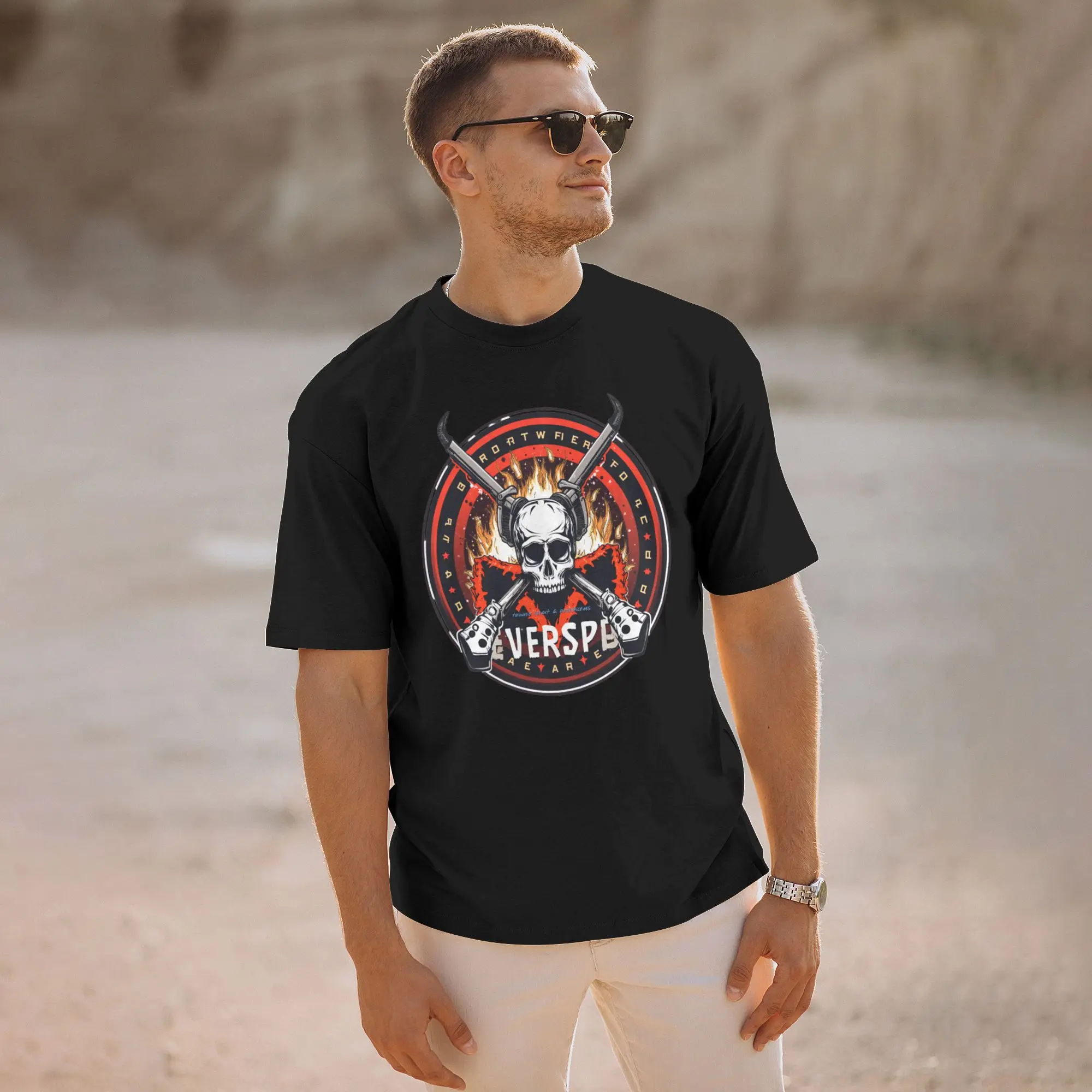 Skull Headphones Between Crossed Guns Surround By Flames T-Shirt Men Cotton Tee Shirt O Neck Short Sleeve T Shirt Gift Clothing