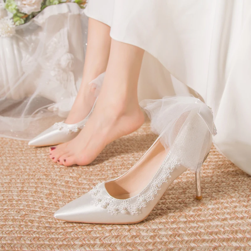 Wedding Shoes Bride White Wedding Shoes Female Satin High Heels Bow Pumps Women Shoes Rhinestone Lace High Heels Party Shoe