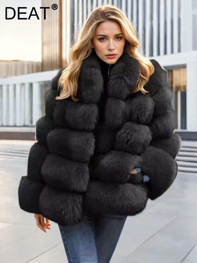 DEAT Fashion Women\'s Faux Fur Coat Lapel Loose Long Sleeves Patchwotk Thick Imitation Rabbit Fur Jacket Winter 2024 New 7AB6101