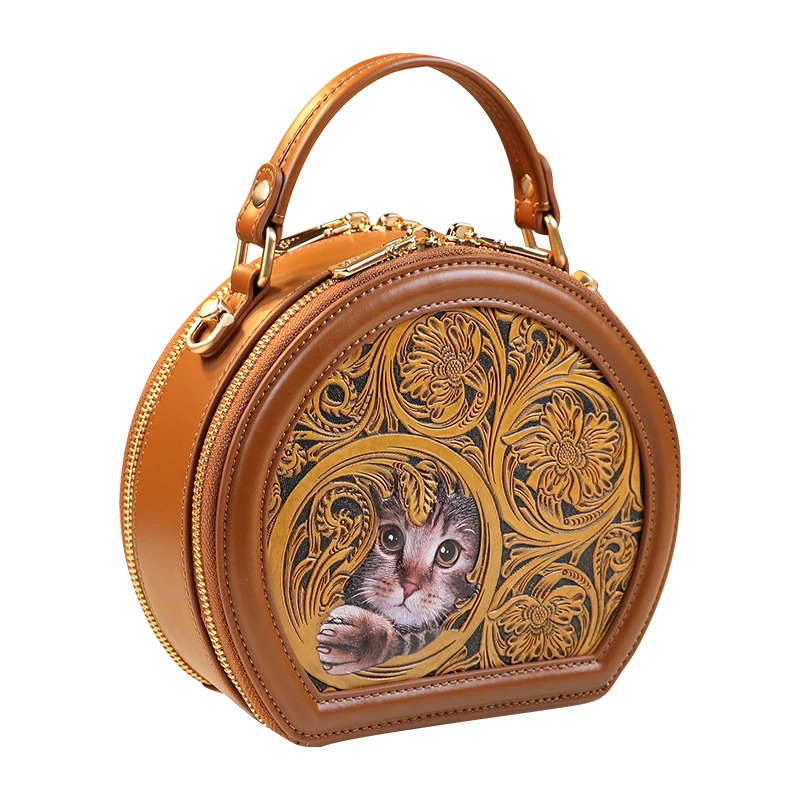 Luxury Fashion Genuine Leather Women\'s Handbags Carving Ladies Small Shoulder Crossbody Bag Portable Round Bags 2024 New