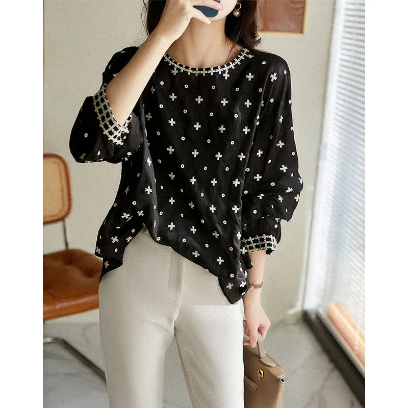 Elegant Ladies Printing Blouse 2023 Spring Summer New Fashion Women\'s Clothing Sweet All-match Thin Long Sleeve O-Neck Shirt