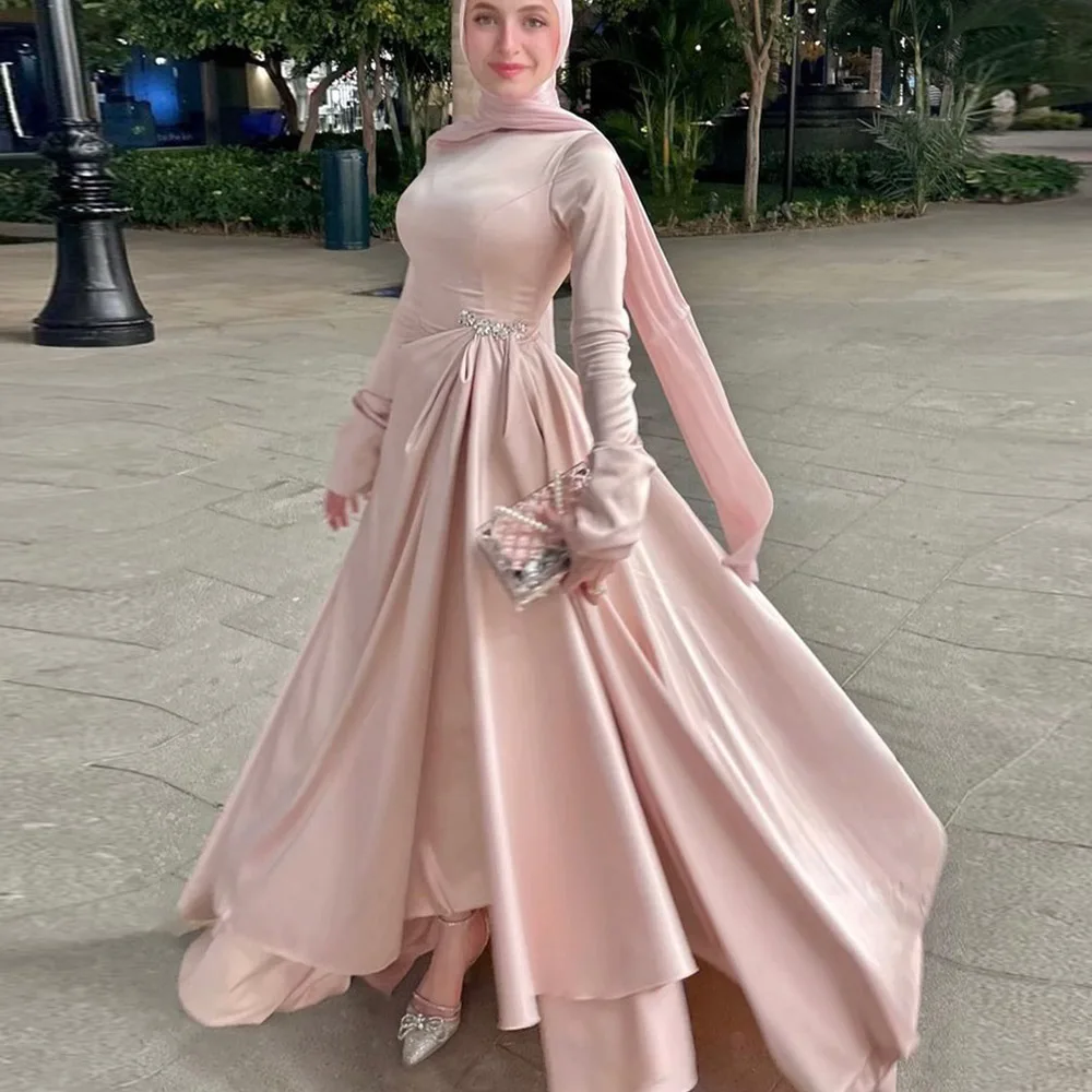 

Индивидуальные розовые скромные мусульманские вечерние платья для женщин, свадебные платья с хиджабом, роскошные платья А-силуэта для вечеринок, элегантные выпускные платья 2026