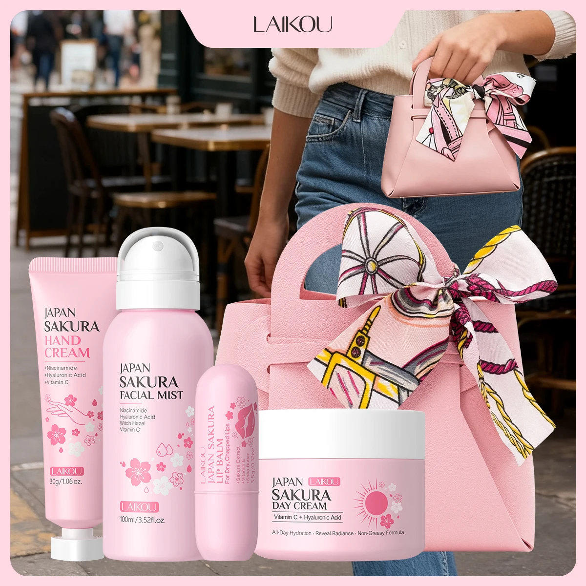 LAIKOU Japan Sakura Skin Care Set - 4Pcs Facial Mist Day Cream Lip Balm Hand Cream with Pink Gift Bag Complete Face Hand & Lip C
