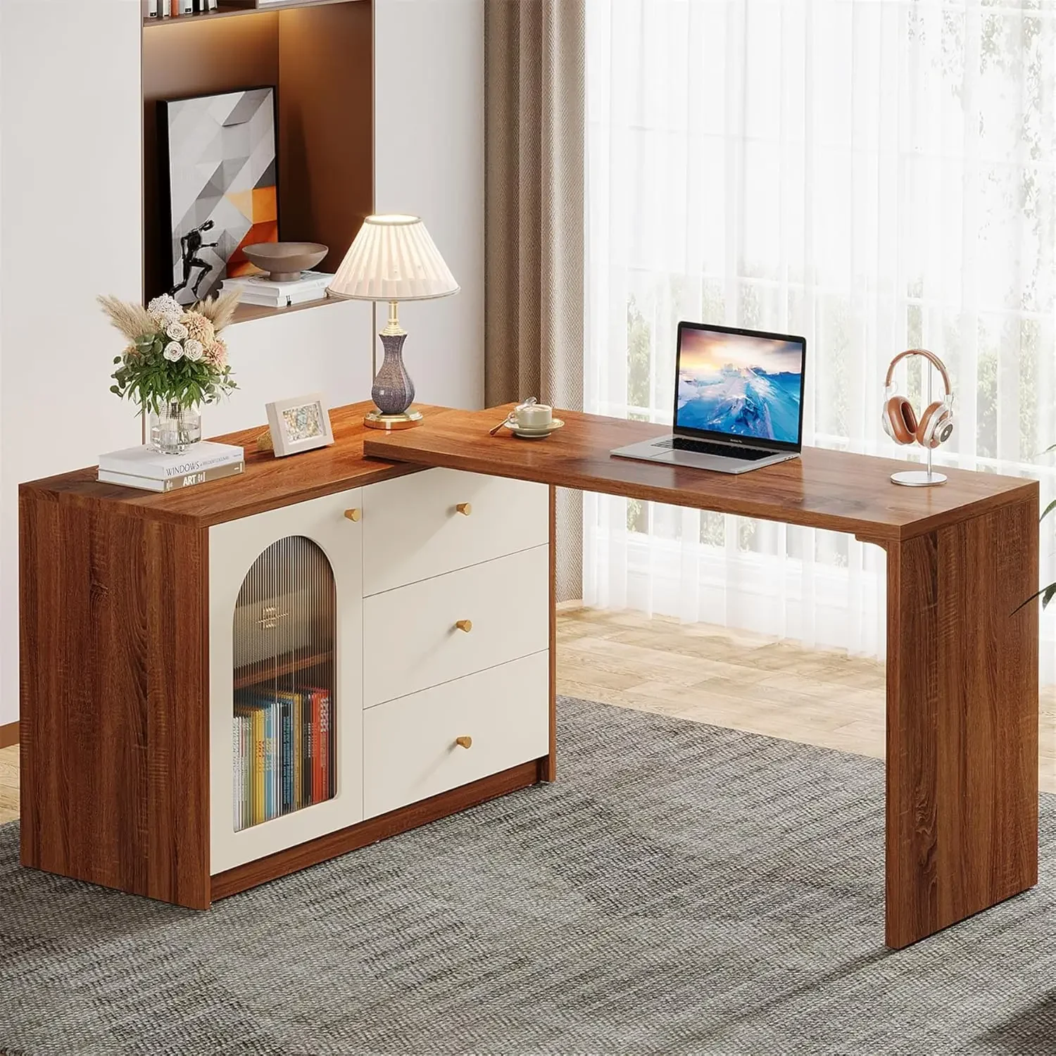 Tribesigns L Shaped Computer Desk with Drawers, Modern Corner Home Office Desk with Reversible Storage Cabinet, Long Study