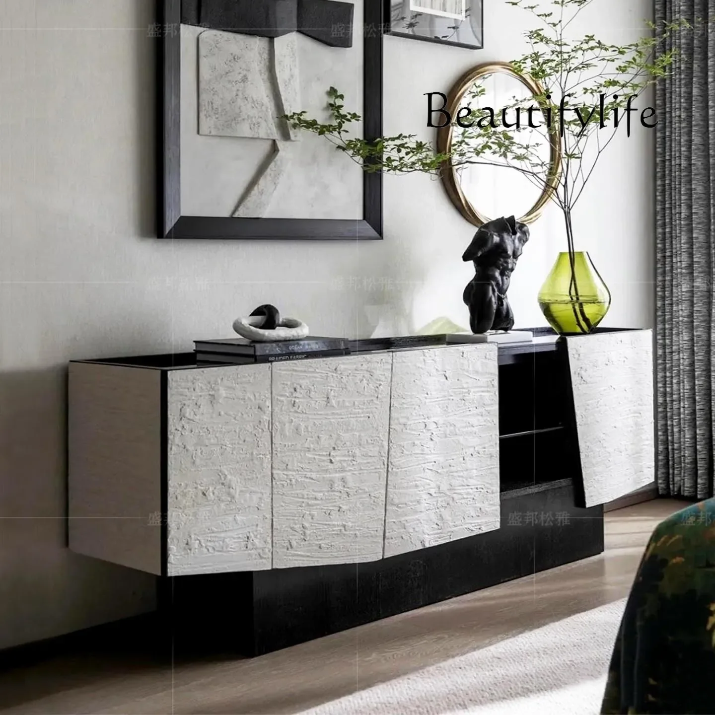 BJ Italian Cream Style Solid Wood TV Cabinet Floor Light Luxury Modern Irregular Villa Living Room Locker
