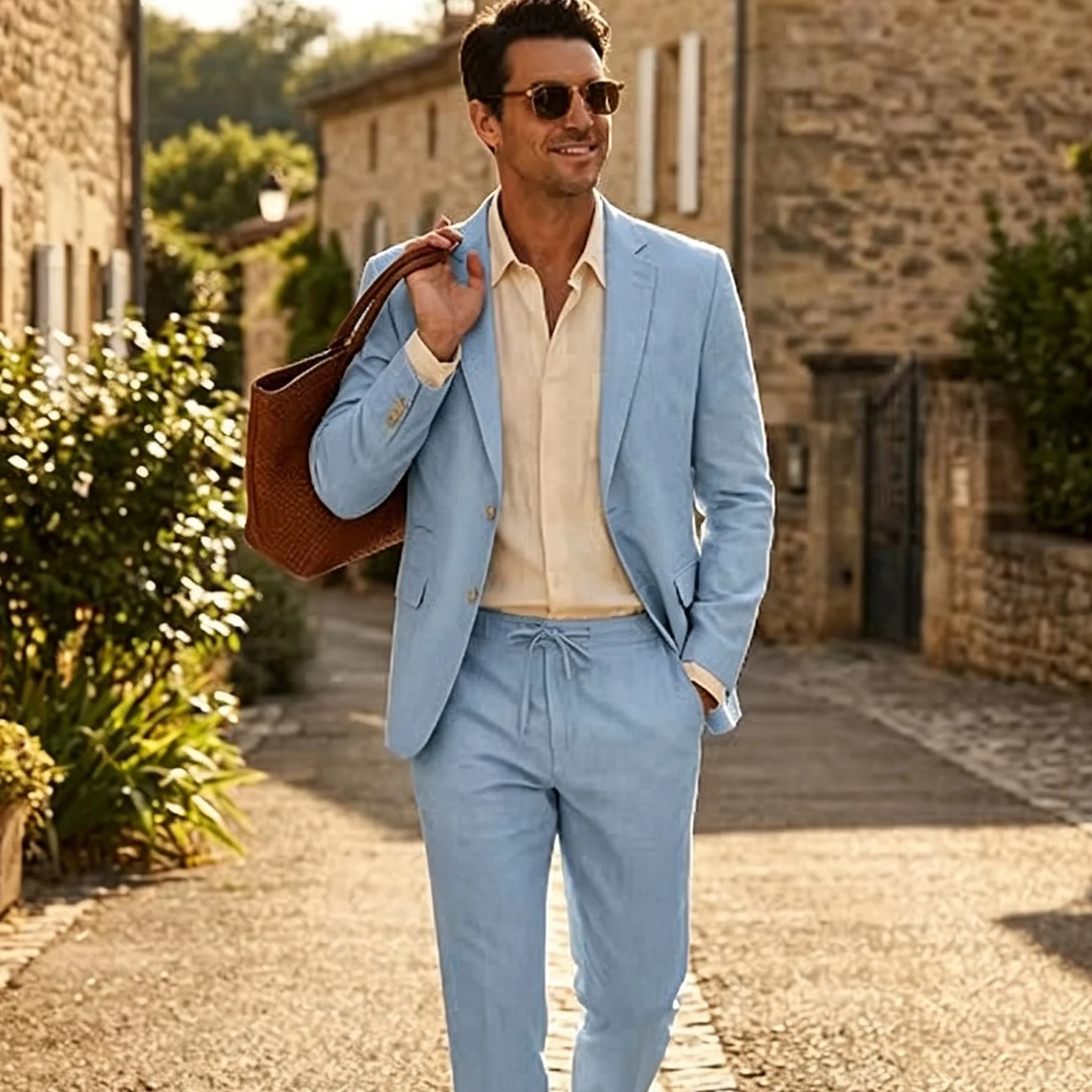 Men's Linen Suit 2 Piece Set Blazer & Drawstring Ankle Pants Business Casual Suit Jacket Trousers Summer Formal Wedding Outfit