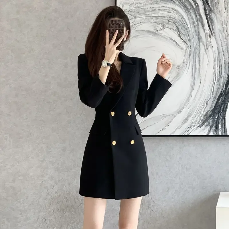 Black Formal Dress Women Spring Autumn New Elegant Slim-fit Double Breasted Long Sleeve Mini Suit Dresses