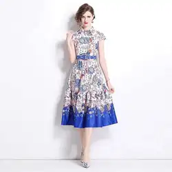 Elegant Summer Autumn Flower Midi Dress Shirt Women's Short Sleeve Belt Office Lady Long Floral Print Vestidos