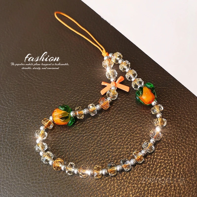 Persimmon Mini Bow Glossy Bead Phone Lanyard Wrist Strap, Detachable Clear Tab Anti-lost Phone Chain for IPhone Samsung