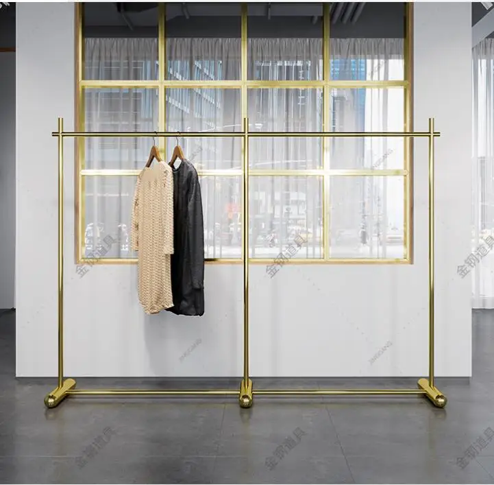 

Clothing store display rack floor stainless steel titanium gold hanging clothes rack women's clothing store Nakajima display rem