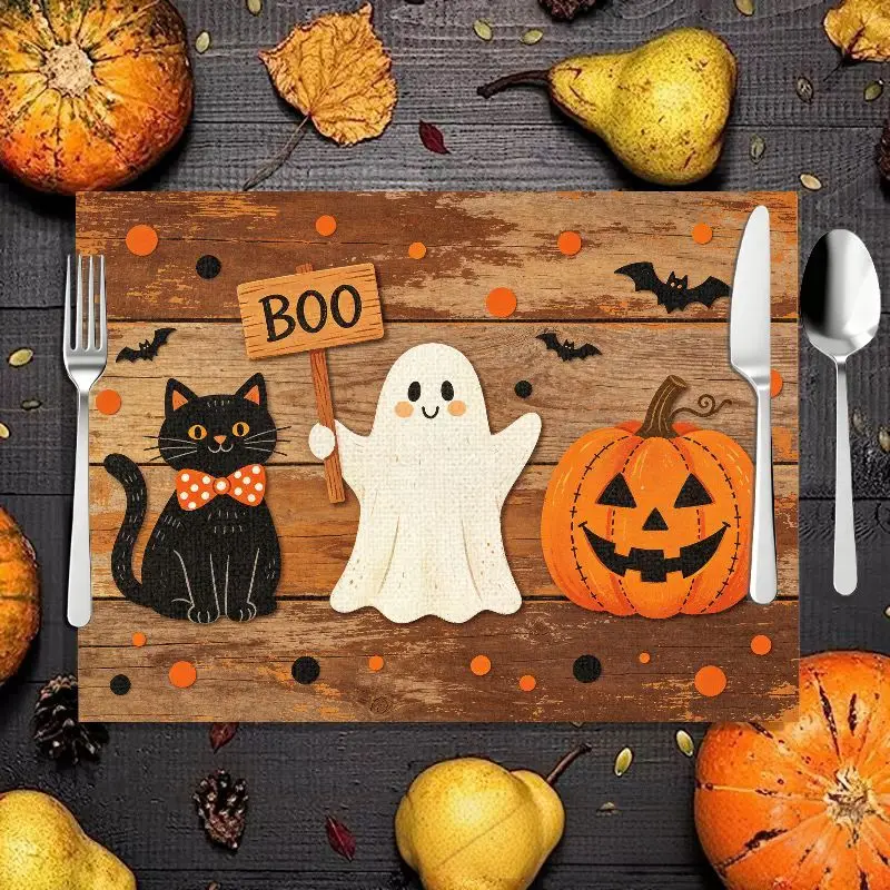 VIKAMA Wooden Board Boo Ghost Cat Pumpkin Halloween Placemat Linen Table Mat Farmhouse Dining Table Party Decor