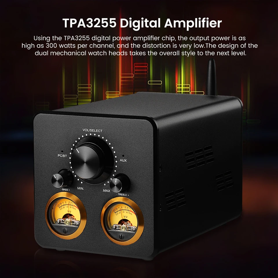 Lyele Audio Desktop Digital Mini Amplifier TPA3255 Bluetooth 5.1 300W HiFi Digital Tone USB Vu Meter 2.0 Home Audio Sound Amp