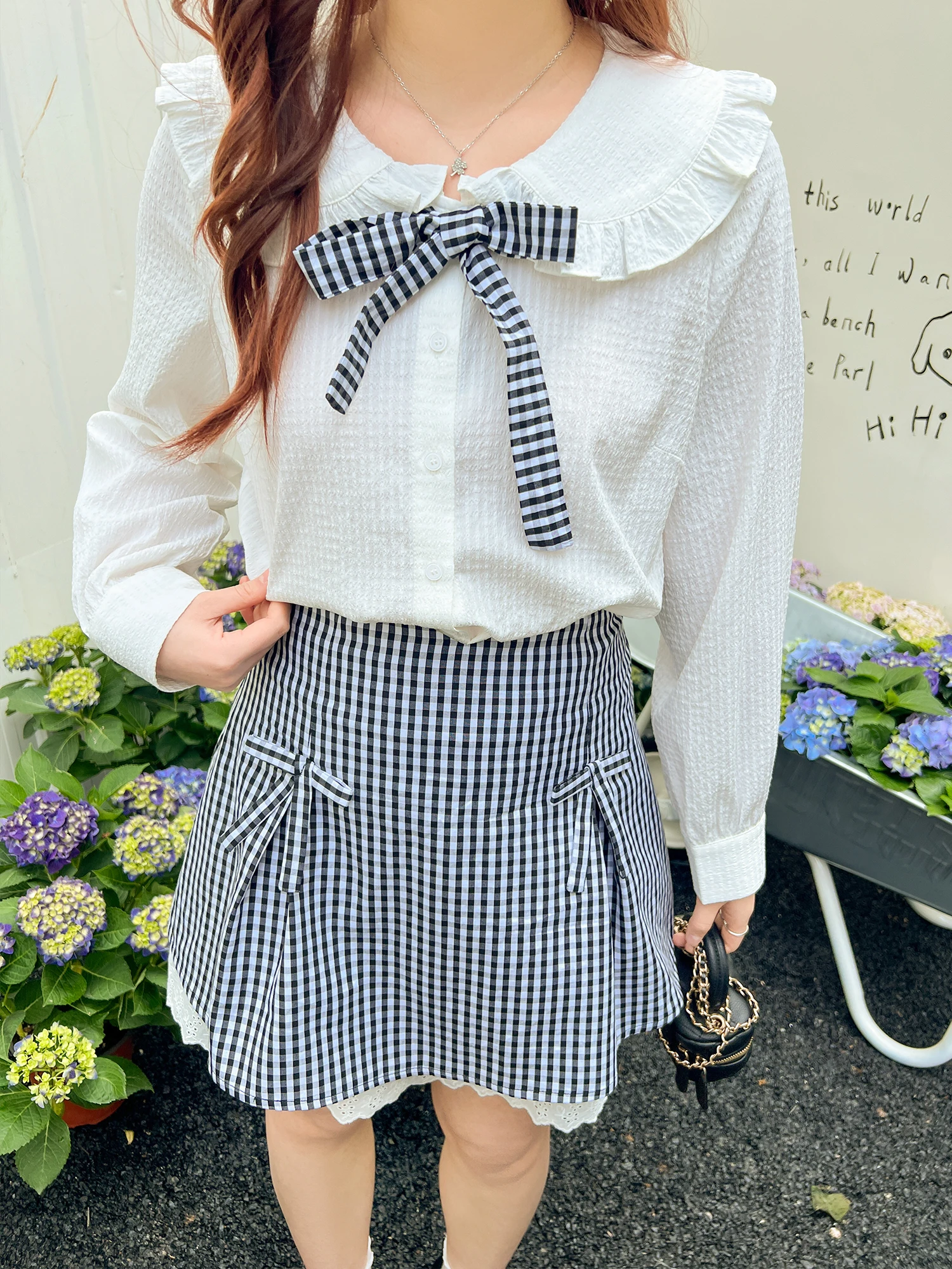 حجم كبير الربيع فتاة بيتر بان طوق الحلو القوس قميص طويل الأكمام عالية الخصر ألف خط الدانتيل الحد من العمر تنوعا منقوشة تنورة