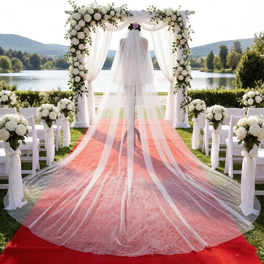 

Новинка: Мягкая фатиновая свадебная фата-катедрала белого цвета с длинным краем, вышитая, для невесты (Braut Schleier, Velo de novia, bordado)