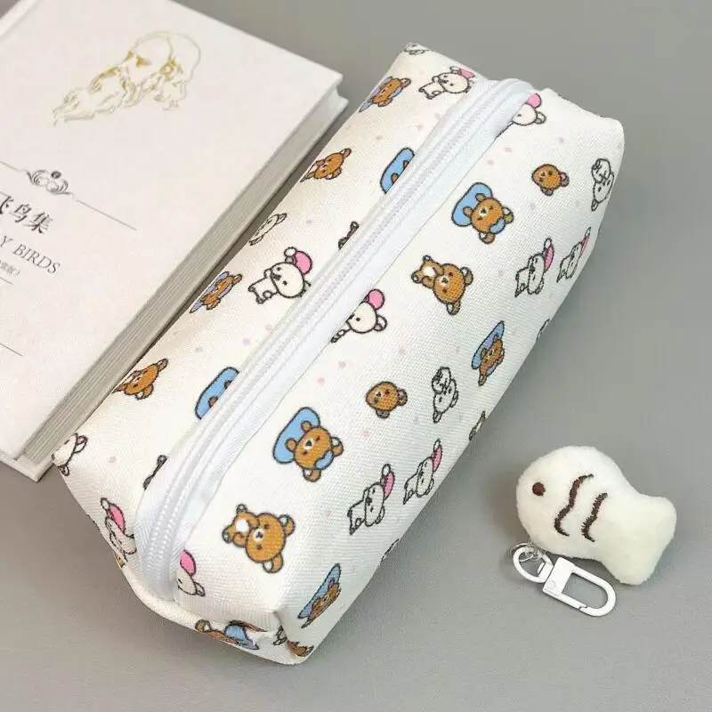 Sleep Rilakkuma White Canvas Print Large Capacity Pen Eraser Stationery Pouch Storage Pouch Makeup Brush Storage Bag Girl Gift