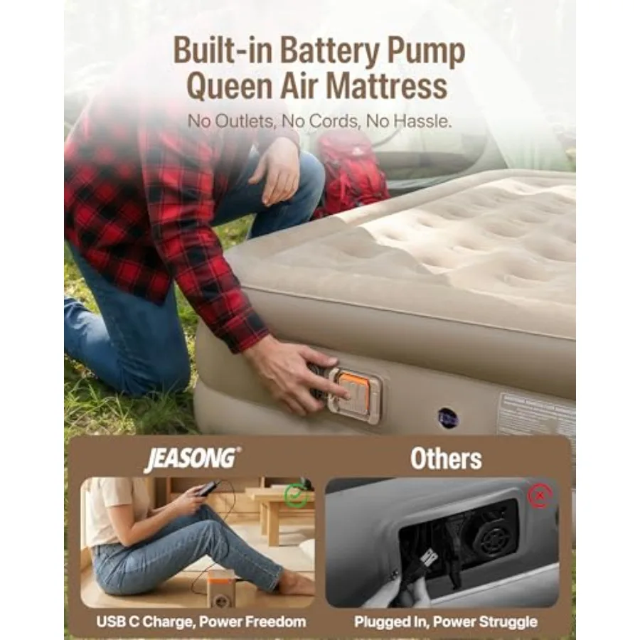 Air Mattress Queen for Camping Outdoor Travel Home Guest, Soft Flocked 15 Raised Air Bed, USB Rechargeable Built-in Pump, Fast