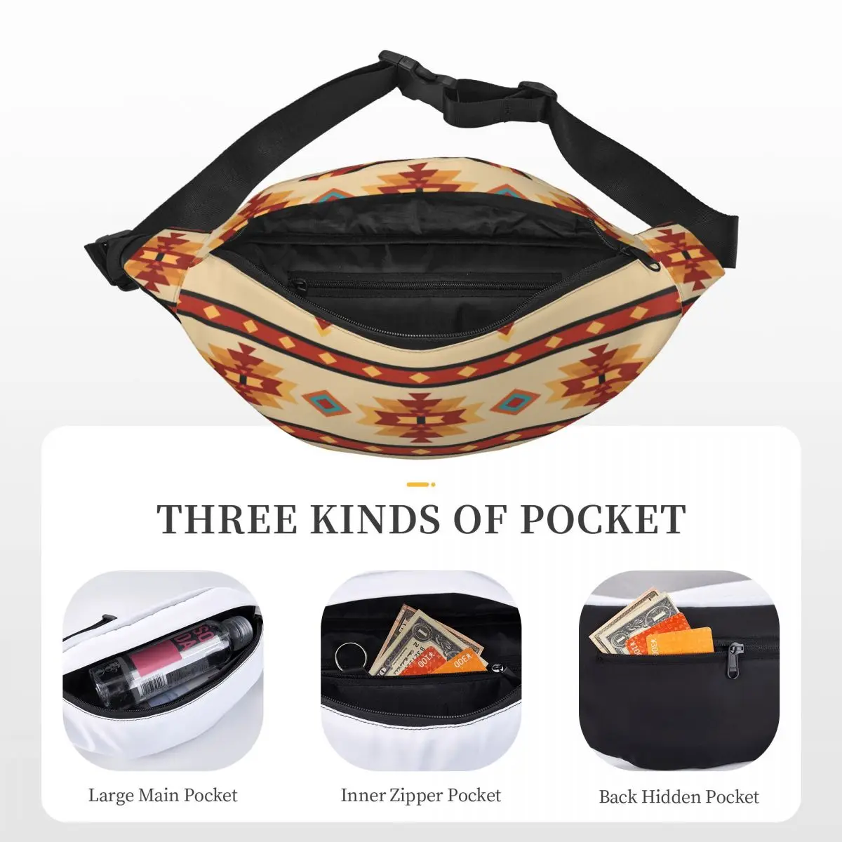 Southwestern Tribal Pattern Fanny Pack para homens e mulheres, Sling Crossbody, Bolsa de cintura para caminhadas, telefone Money Pouch, moda personalizada